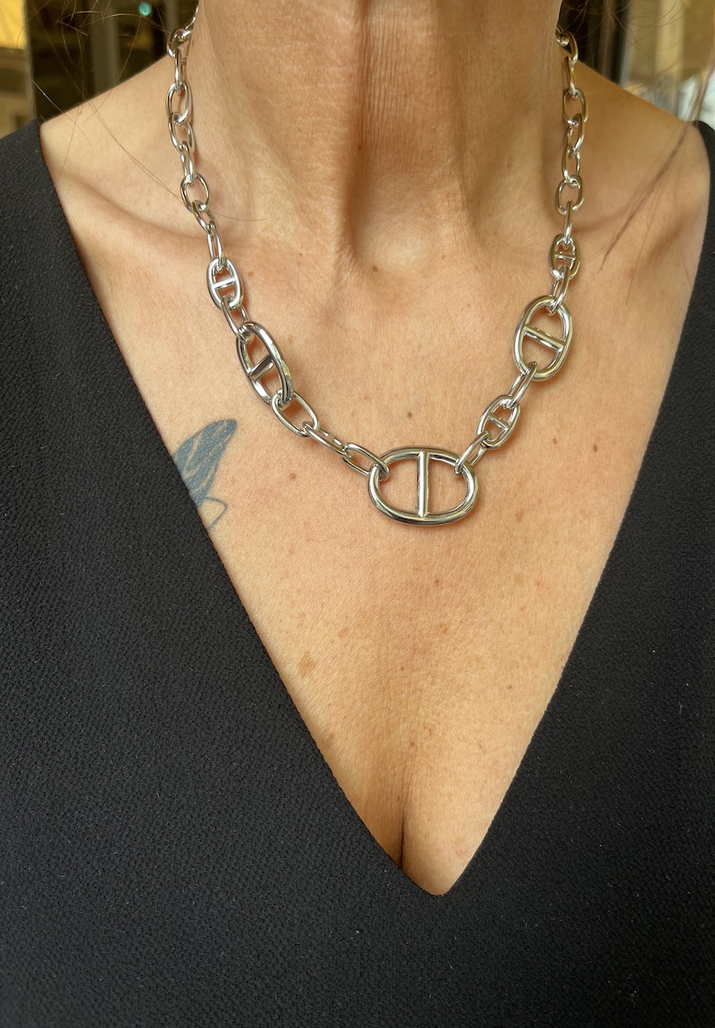 Collier Fantaisie En Acier Argenté Et Pâte De Verre – Occasion, Bijou Unique Et Bohème, Voir Photos Pour Détails